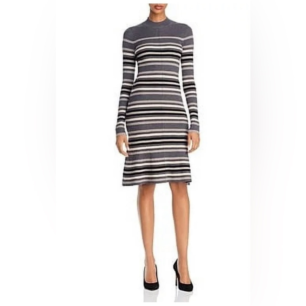 Theory Canonical Multi Gray Striped Ribbed Knit Fitted Midi Wool Sweaterdress 0